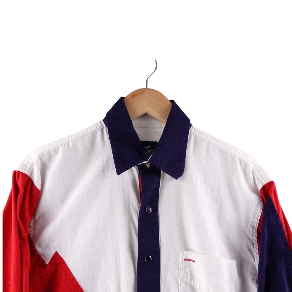 Western Express Pearl Snap Shirt‎ Mens M Red White Blue Color Block Long Sleeve